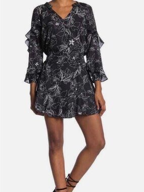 Black Floral Ruffle Sleeve Dress